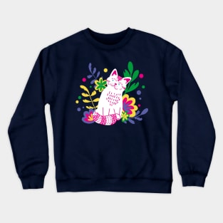 Cute White Cat in Flowers Crewneck Sweatshirt